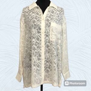 NWT Anne Klein Cream‎ Embroidered Long Sleeve Blouse in Size L